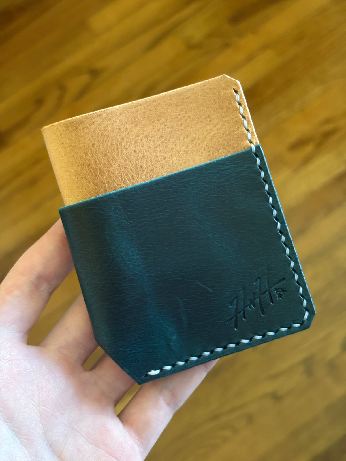 Handcrafted Minimalist Leather Wallet - Galaxy Blue & Whiskey Pull-Up