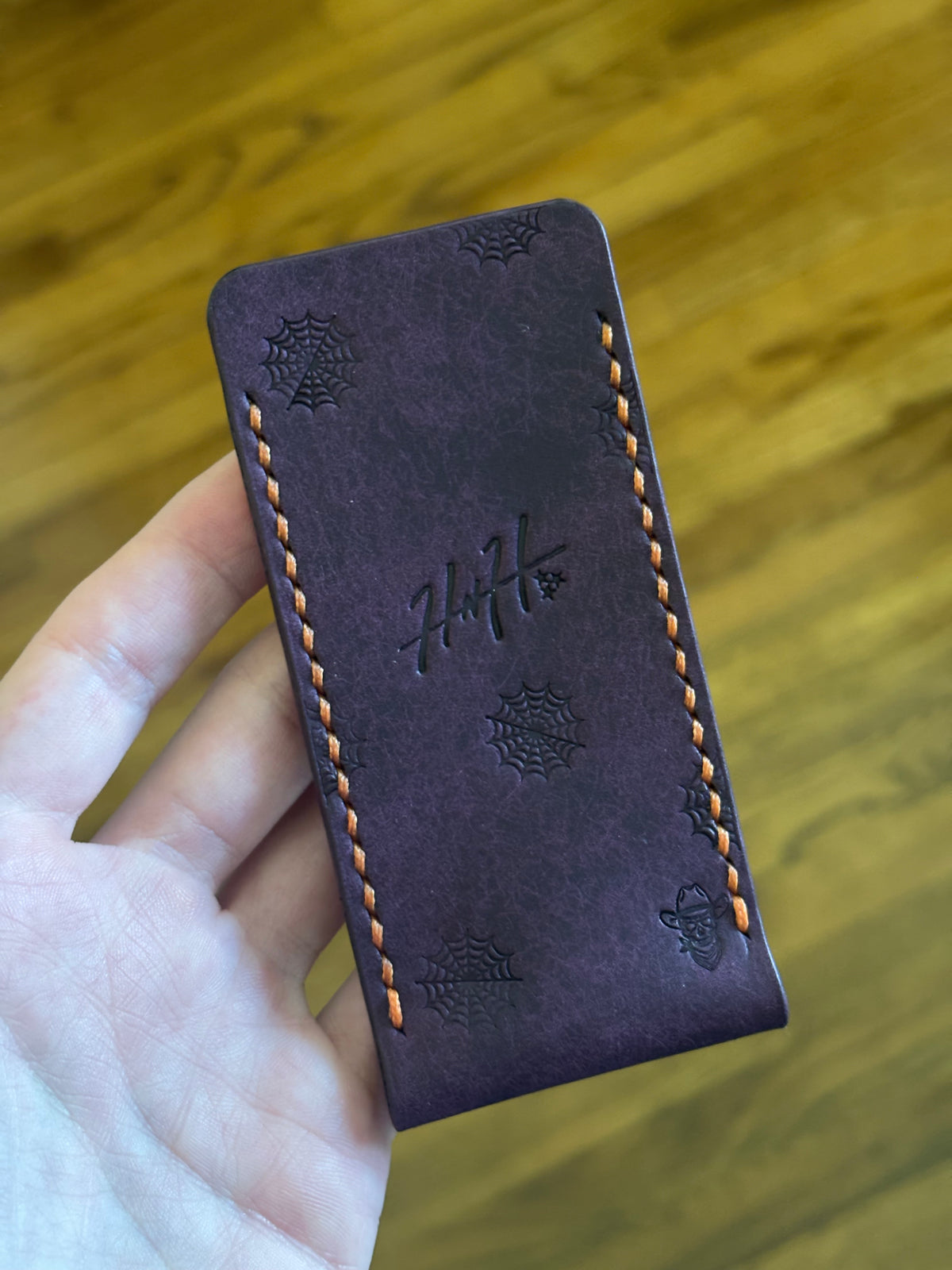 Handcrafted Leather Knife Slip - Halloween Violet Pueblo with Orange Stitching